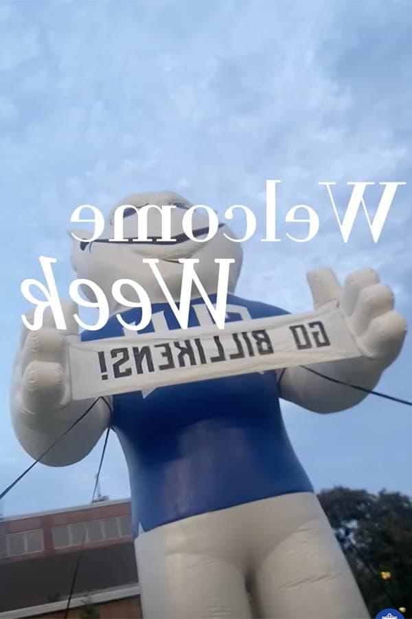 Rachel Hamby placeholder image contains a cell phone photo of 博彩网址大全’s inflatable Billiken holding a sign that says GO BILLIKENS. Text reading Welcome week overlays the photo.